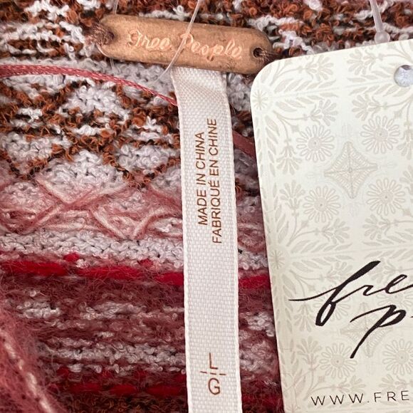 Free People Red & Pink Knit Sweater Cowl Neck Puff Sz L Boho Cottagecore NWT - Picture 9 of 16